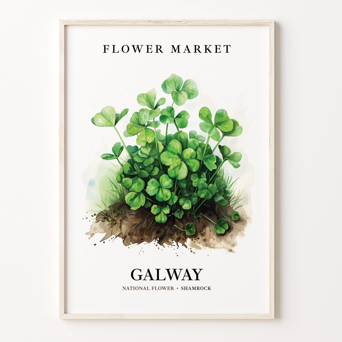 Galway Ireland Shamrock Watercolor National Flower Market Poster