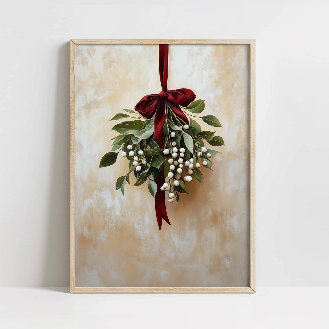 Mistletoe with White Berries Burgundy Bow Christmas Wall Art