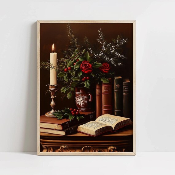 Cozy Candlelight Christmas Still Life with Holly and Old Books Poster