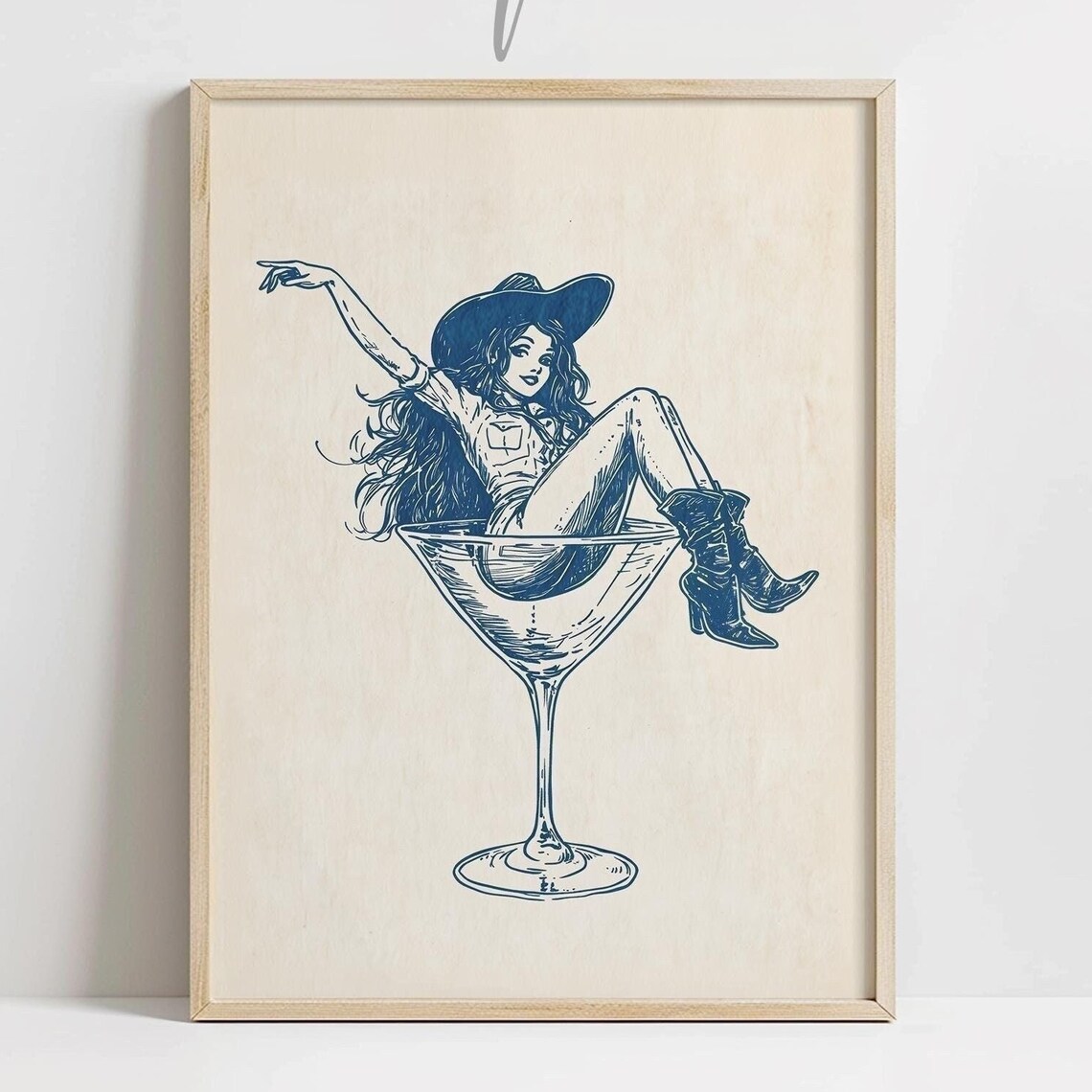 Cowgirl Sitting in Martini Glass Navy Line Art Cocktail Bar Poster