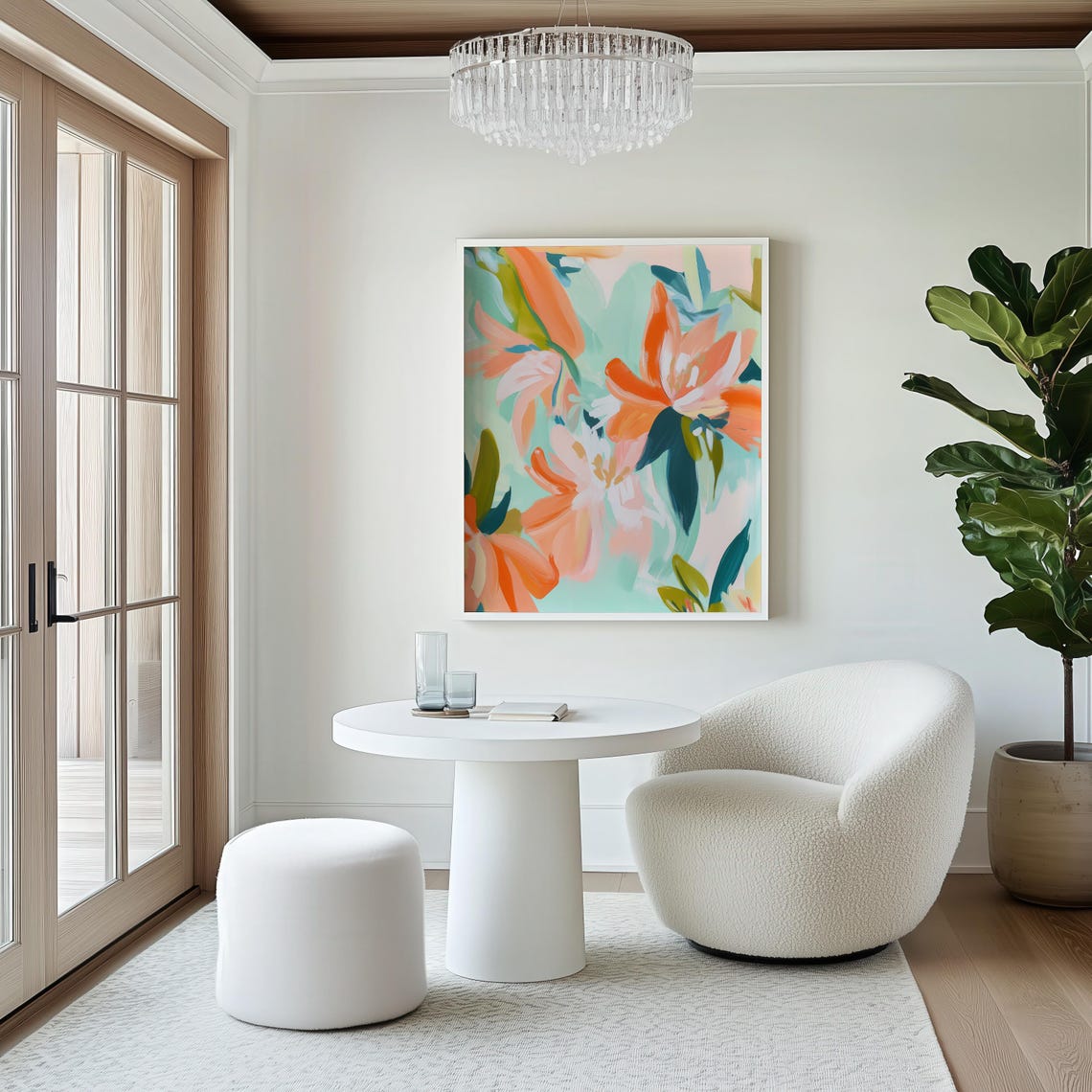 Colorful Abstract Orange Lilies on Aqua Modern Floral Poster
