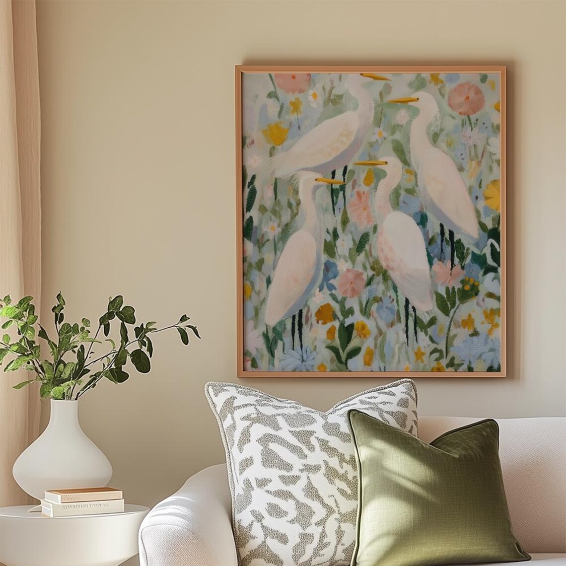 White Herons Art Print, Abstract Botanical Nature
