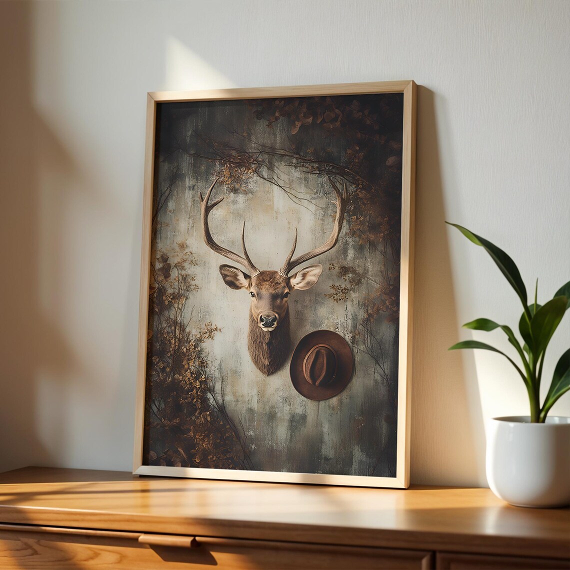 Stag Portrait With Antlers and Cowboy Hat Rustic Farmhouse Wall Poster