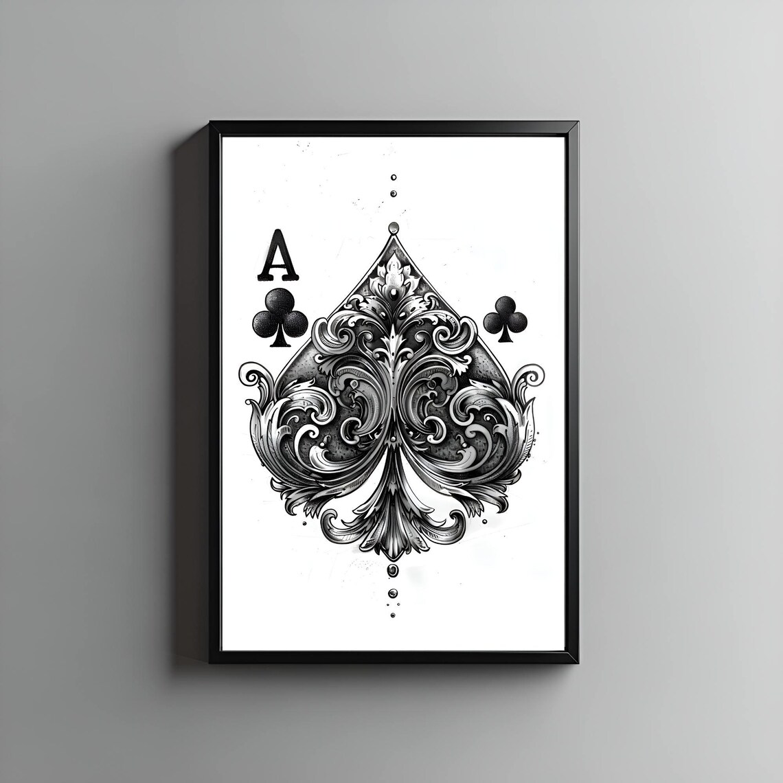 Ornate Gothic Ace of Clubs Playing Card Black and White Print