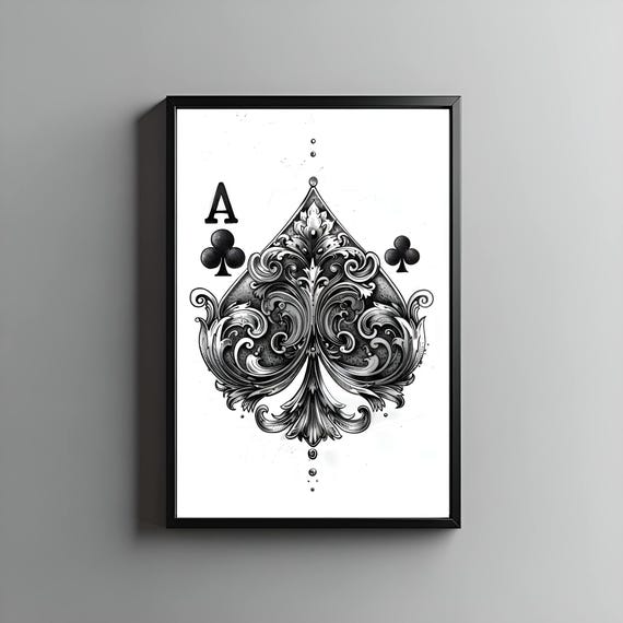 Ace Of Clubs Wall Art Print Elegant Black And White Card Design Gothic Playing Decor For Living Room Office Or Game