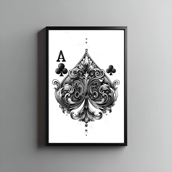 Ornate Gothic Ace of Clubs Playing Card Black and White Print