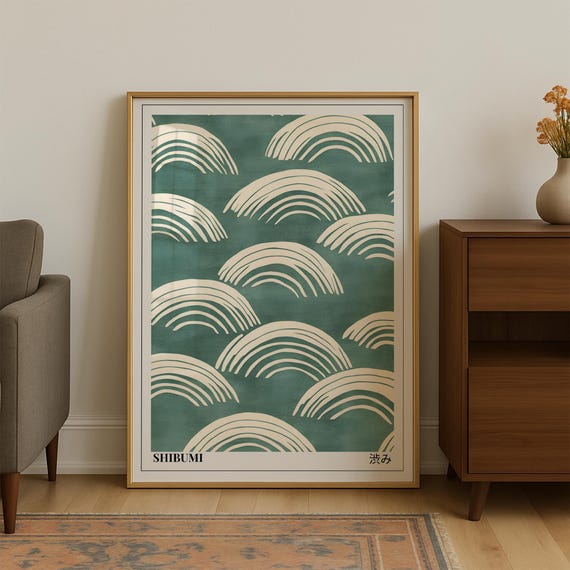 Shibumi Cream Wave Arcs Pattern On Sage Green Japanese Poster