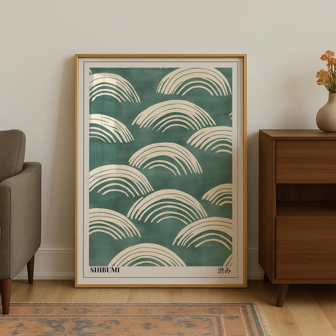 Shibumi Cream Wave Arcs Pattern On Sage Green Japanese Poster