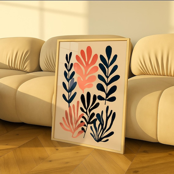 Matisse Style Coral and Navy Leaf Cut Out Botanical Wall Poster