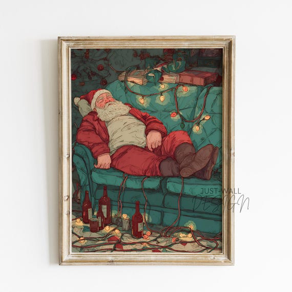Funny Drunk Santa Sleeping on Couch Vintage Christmas Poster