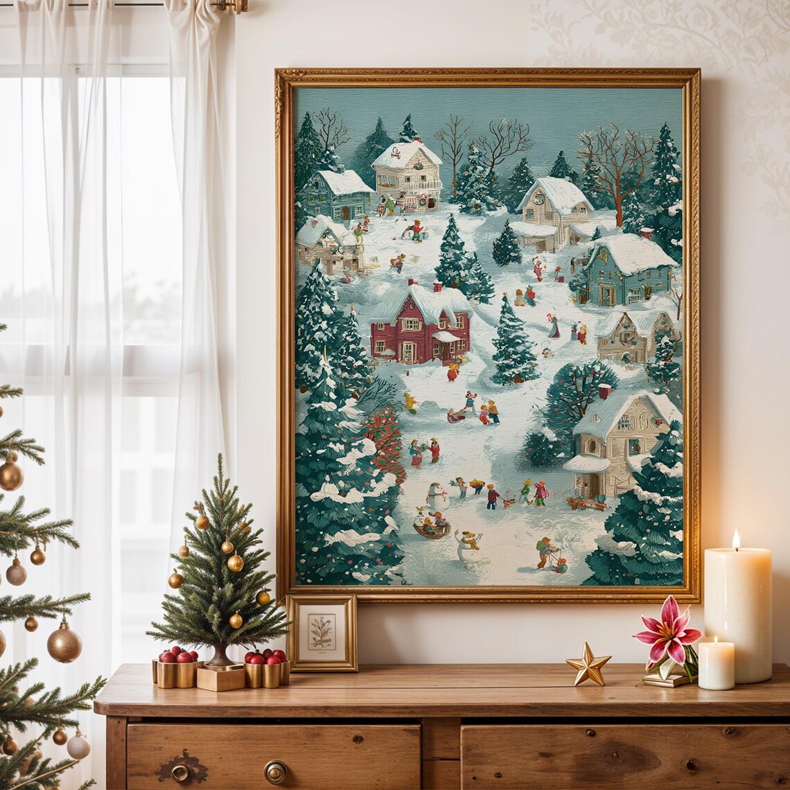 Holiday Village Vintage Poster, Christmas Decor