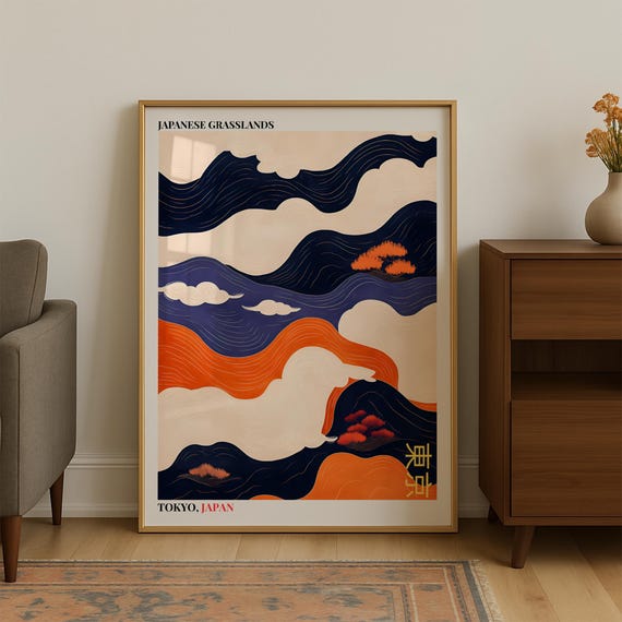 Japanese Grasslands Abstract Navy Orange Rolling Hills Poster