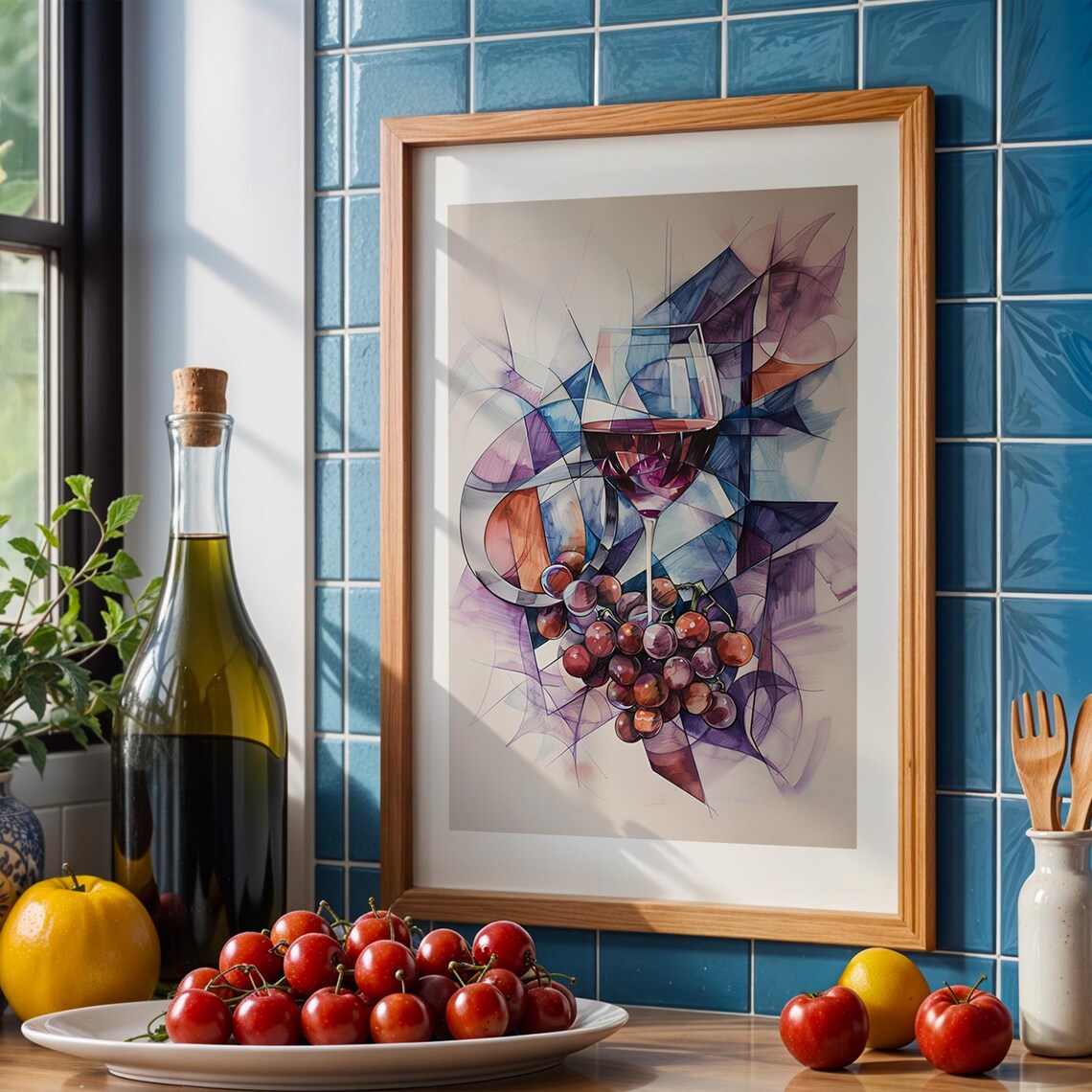 Abstract Watercolor Wine Glass With Purple Grapes Art Poster