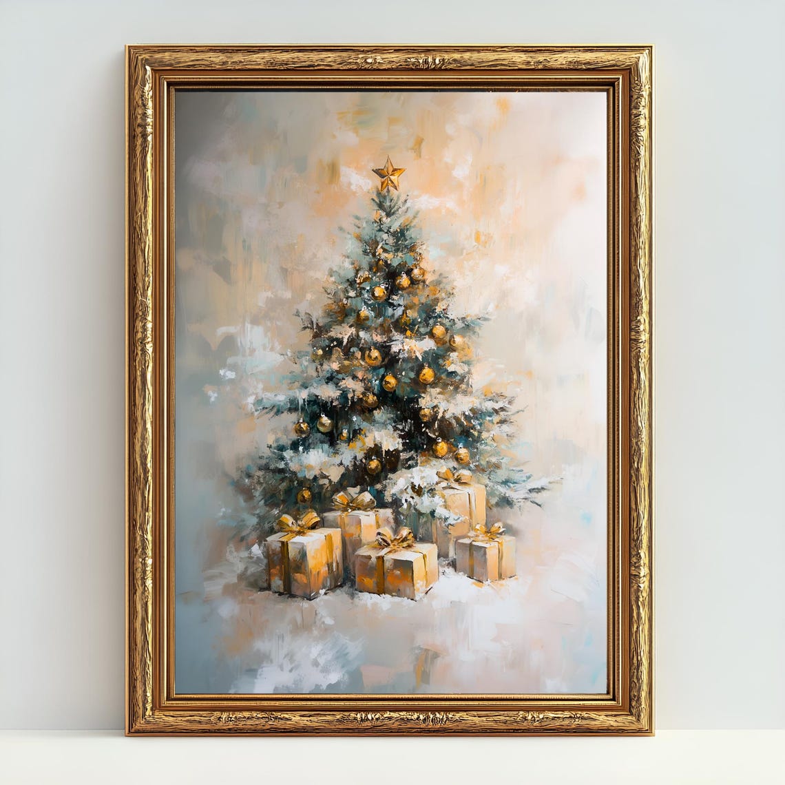 Elegant Snowy Christmas Tree With Gold Ornaments and Gifts Poster