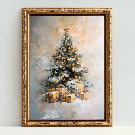 Elegant Snowy Christmas Tree With Gold Ornaments and Gifts Poster