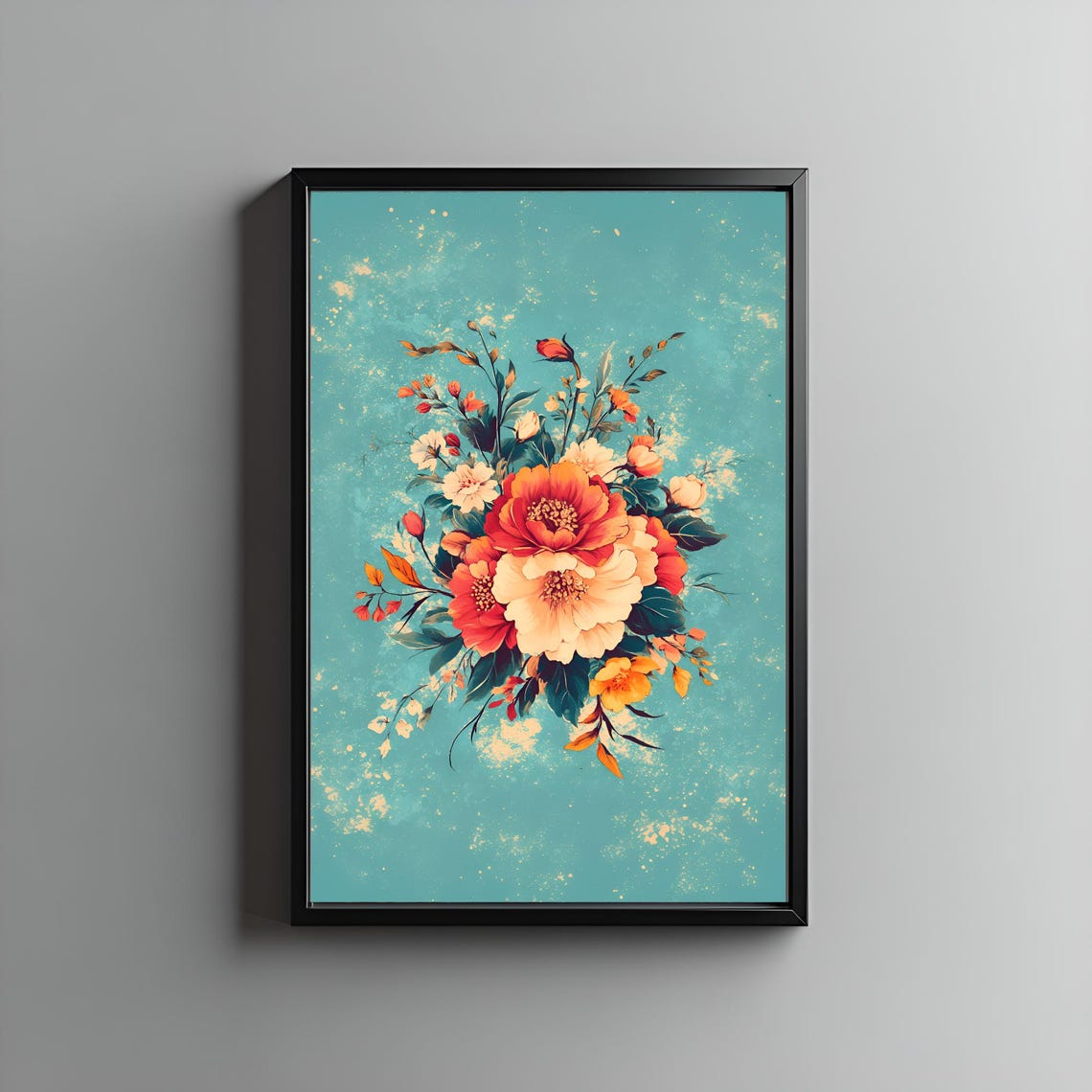 Bold Coral and Orange Flower Bouquet on Teal Background Floral Poster