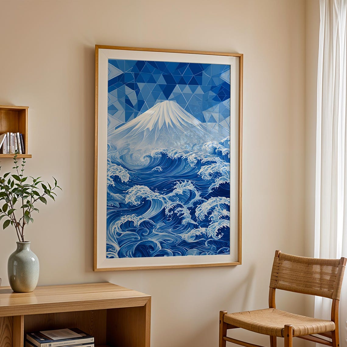Mount Fuji Over Geometric Blue Waves Japanese Style Art Poster