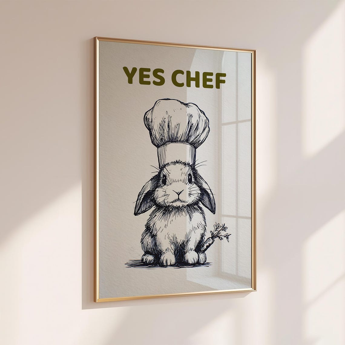 Yes Chef Bunny in Chef Hat Olive Green Text Kitchen Humor Poster