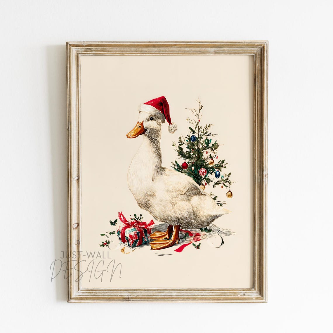 Christmas Duck Wearing Santa Hat Vintage Holiday Farmhouse Poster