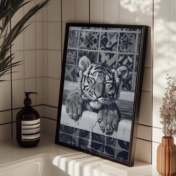 Black And White Tiger In Bathtub Funny Bathroom Wall Art Decor Quirky Poster Animal Prints