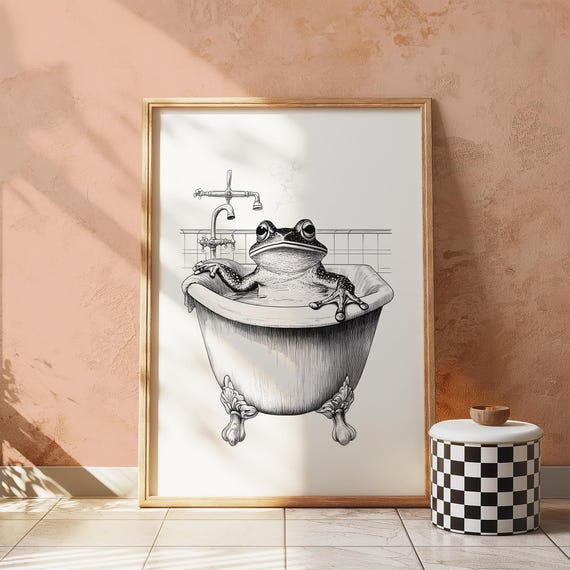 Frog In Bathtub Print Funny Bathroom Wall Art Prints Decor