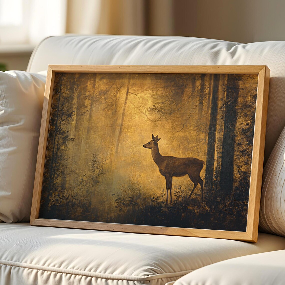 Golden Woodland Deer Painting in Warm Sepia Tones Vintage Art Poster