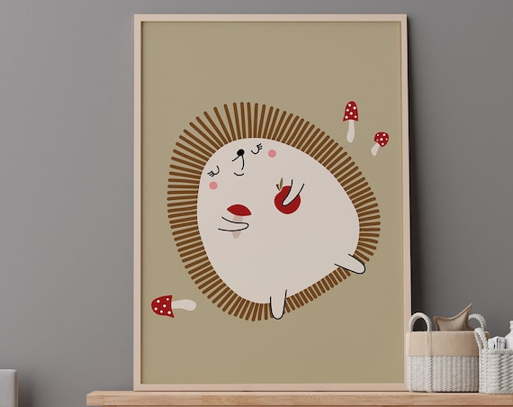 Cute Hedgehog Nursery Wall Art Woodland Baby Animal Mushroom Kids Room