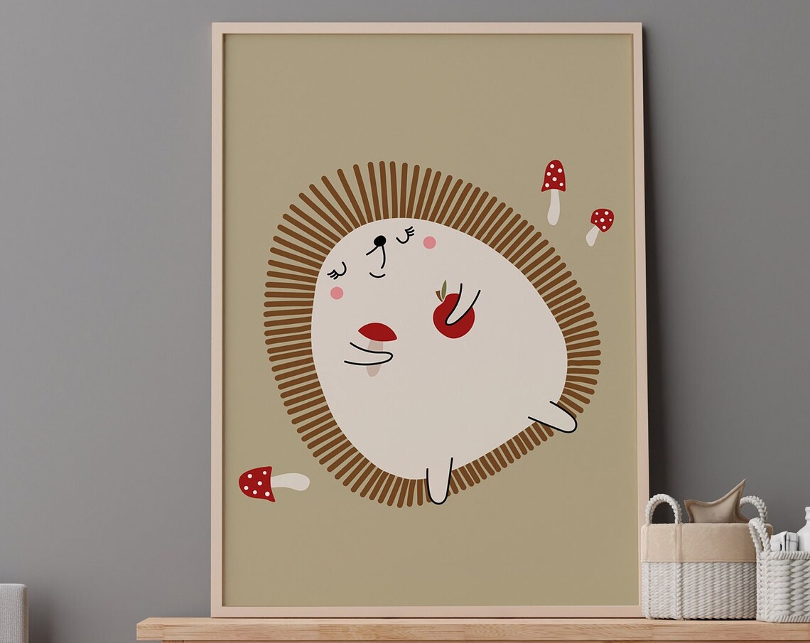 Cute Hedgehog Nursery Wall Art Woodland Baby Animal Mushroom Kids Room