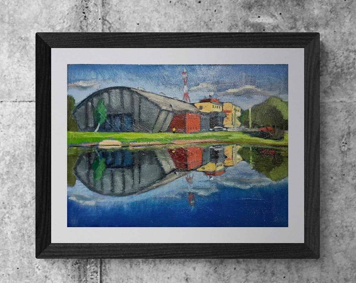 Urban Water Reflections Oil Painting with Industrial Building Poster