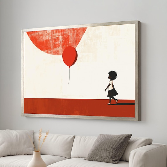 Minimalist Girl With Red Balloon Geometric Red Cream Art Poster