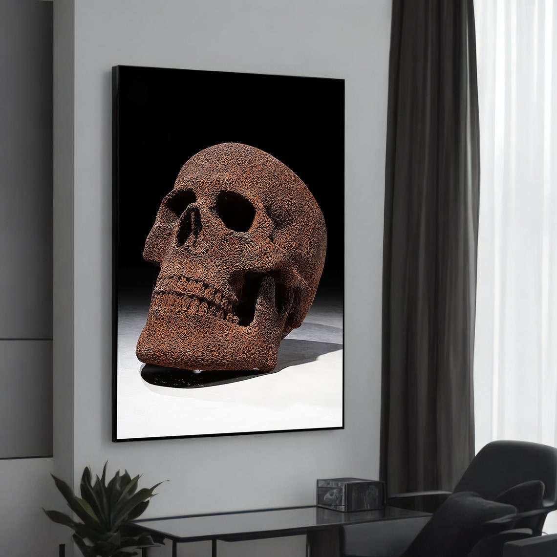 Rustic Skull Sculpture Modern Canvas Painting Unique Gothic Art For Contemporary Wall Decor