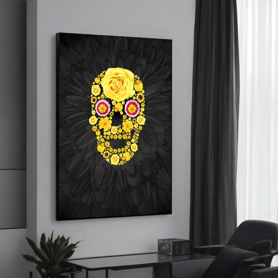 Yellow Flower Skull Canvas Painting Unique Day Of The Dead Art Modern Floral Wall Decor Vibrant