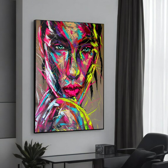 Neon Abstract Woman Face Vibrant Pink Teal Splatter Art Portrait Poster