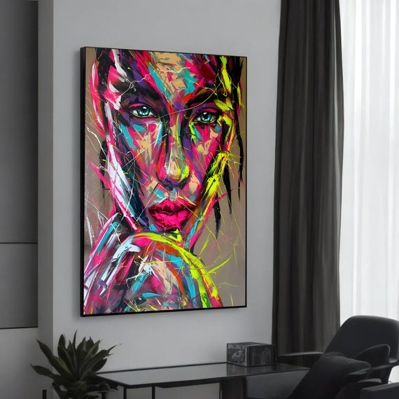 Vibrant Banksyinspired Graffiti Canvas Art Colorful Abstract Womans Face Readytohang Modern Wall Dcor