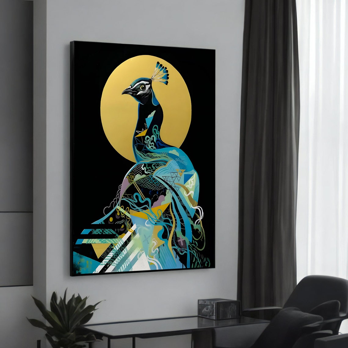 Elegant Peacock Gold Sun Geometric Feather Art Deco Style Poster