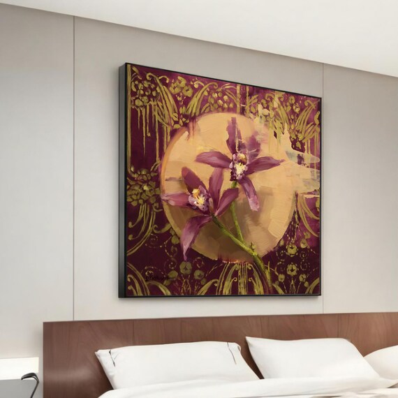 Purple Orchid Gold Circle Bold Floral Elegant Painting Wall Art