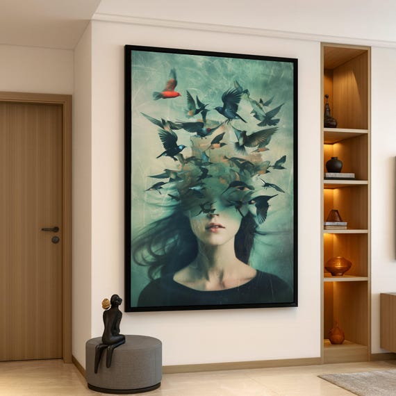 Surreal Woman Face With Birds Flying Canvas Abstract Fantasy Wall Art Dreamlike Portrait Decor Modern Artistic Print