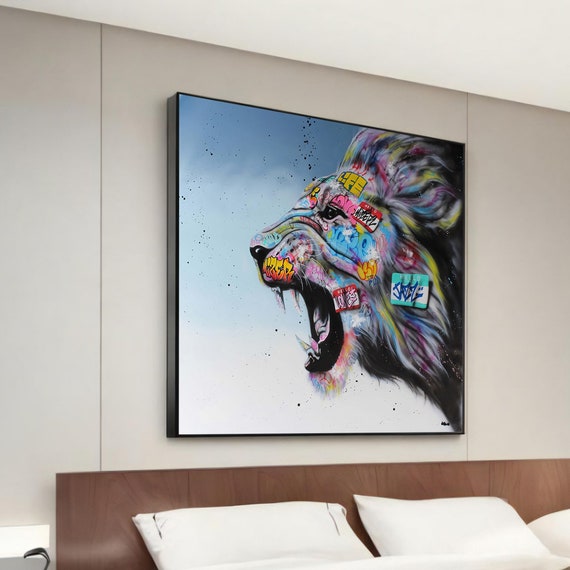 Graffiti Roaring Lion Banksyinspired Pop Art Canvas Painting Bold Urban For Modern And Fierce Interiors