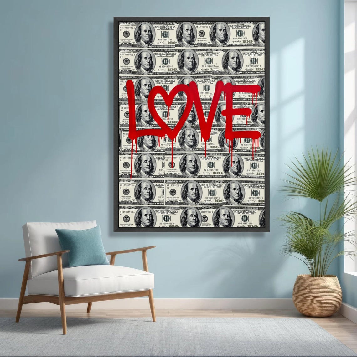 Red Dripping Love Text on Hundred Dollar Bills Graffiti Wall Poster