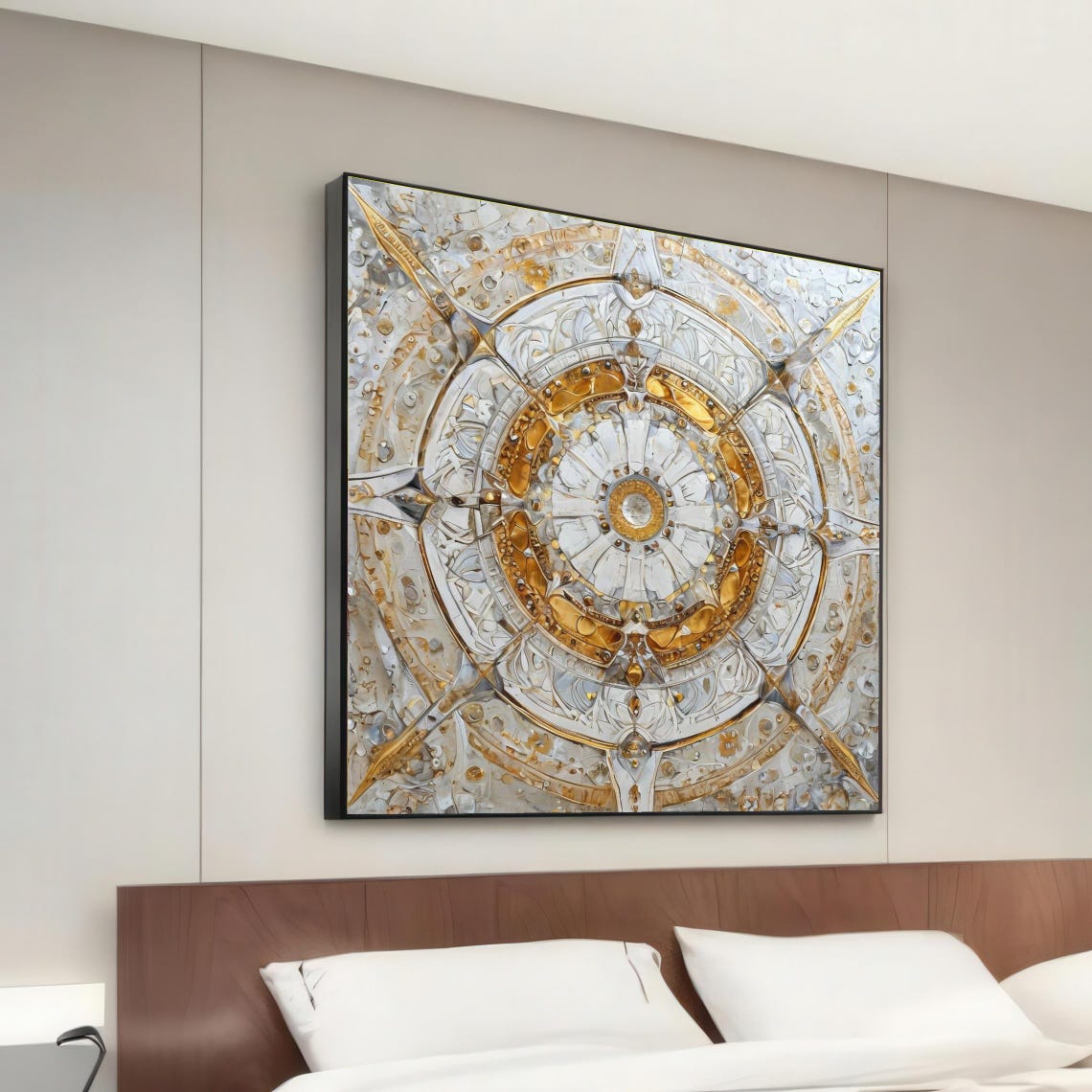 Gold Etched Mandala Canvas Intricate Circular Art Wall Design Luxurious Home Decor Framed Ready To Hang