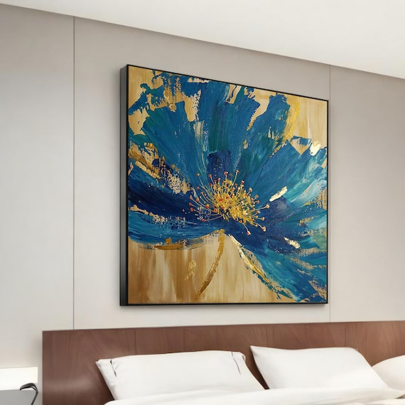 Blue and Gold Abstract Flower Blossom Large Canvas Style Poster