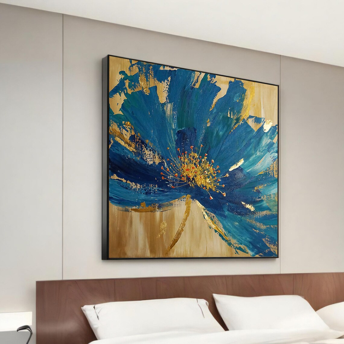 Blue and Gold Abstract Flower Blossom Large Canvas Style Poster