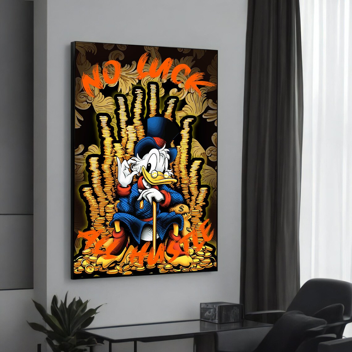 Scrooge McDuck No Luck All Hustle Coins Motivational Cartoon Poster