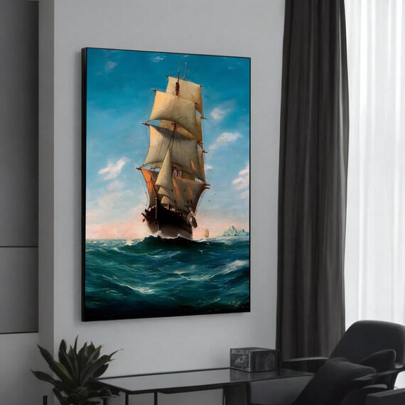 Classic Clipper Ship Sailing Turquoise Ocean Vintage Marine Art Poster