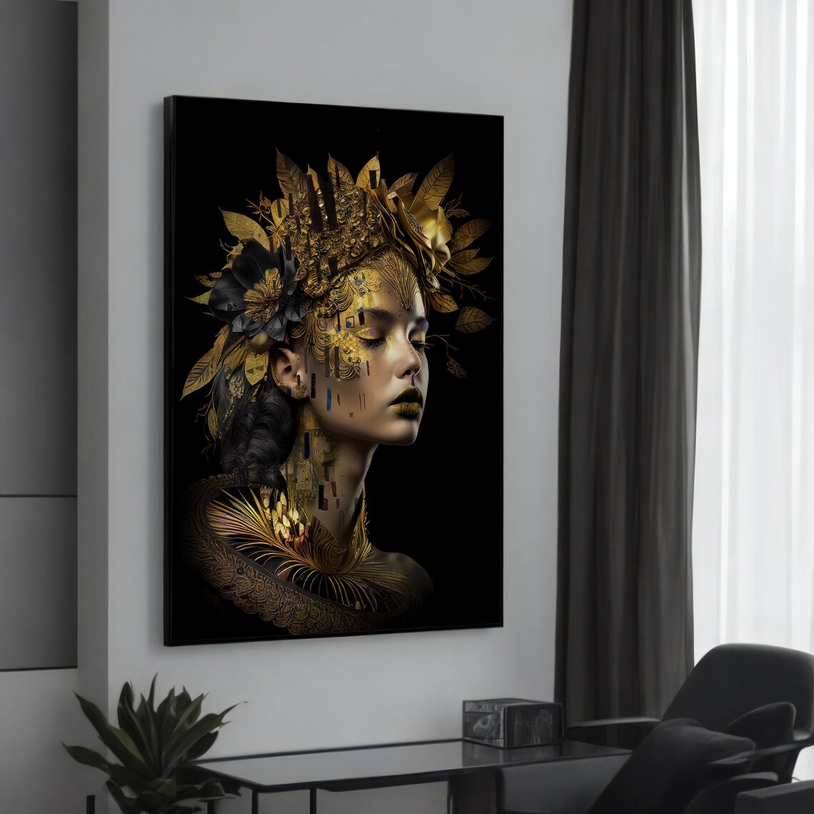 Golden Woman With Ornate Floral Headdress, Abstract Art Print