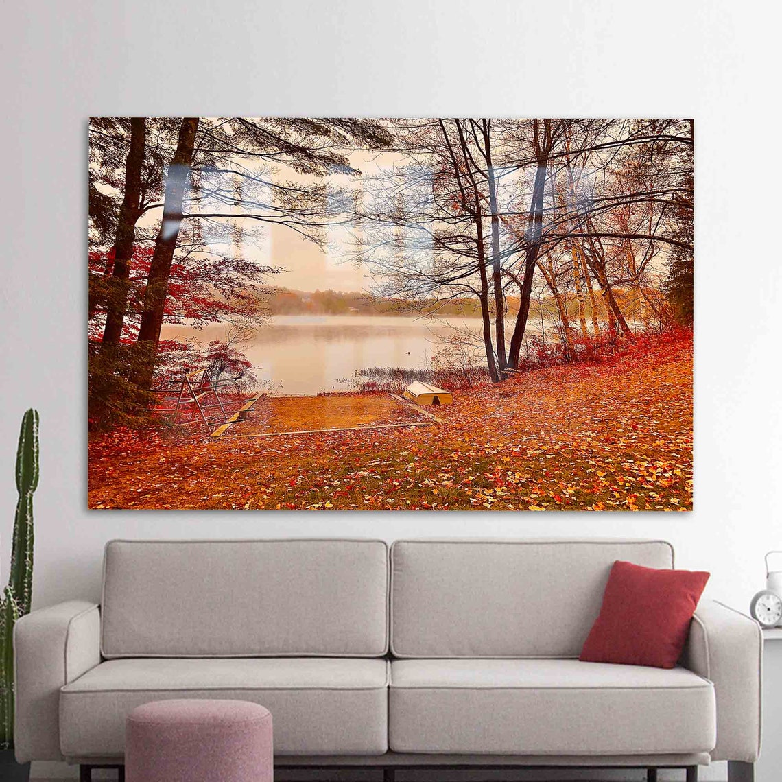 Fiery Autumn Lakeside with Red Leaves Calm Nature Photo Poster