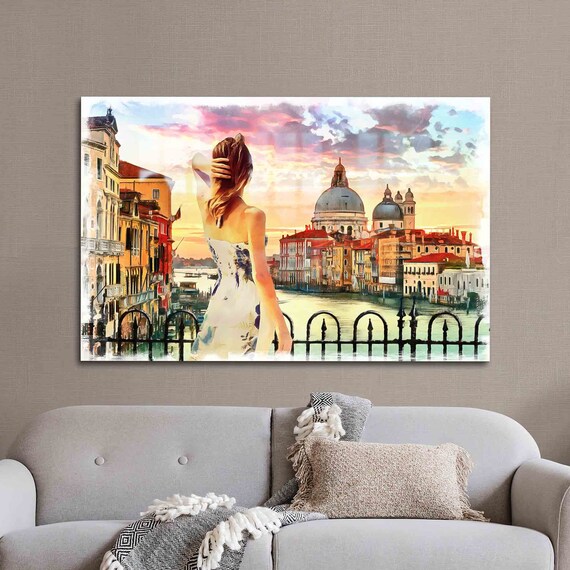 Wall Art Glass Decor View Cityscape Tempered Girl Decoration Oil Painting Print