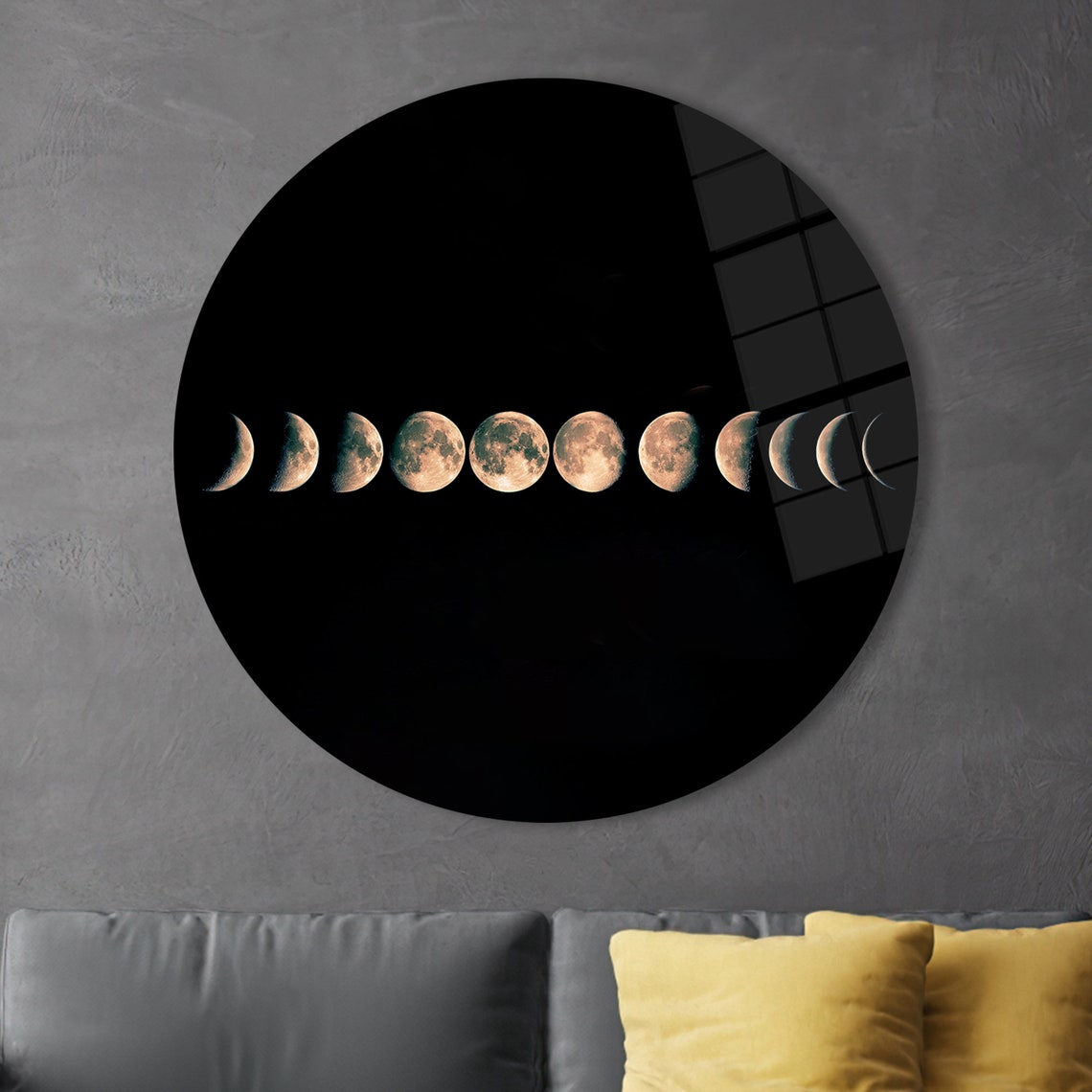Lunar Moon Phases Round Black Glass Art Celestial Cycle Wall Poster