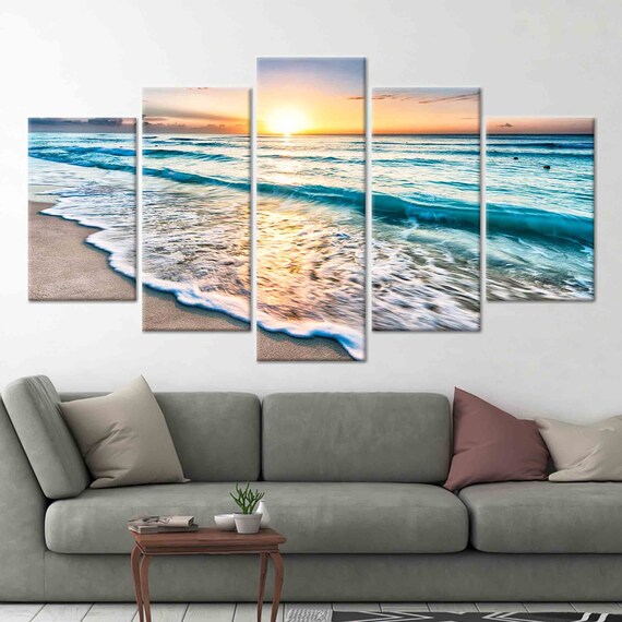Serene Beach Sunset Ocean Waves Five Panel Split Canvas Wall Art