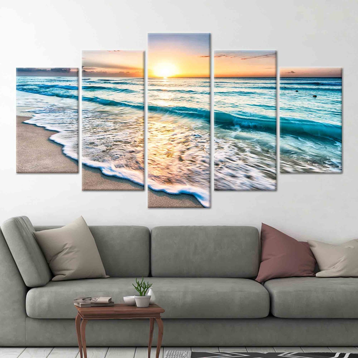 Serene Beach Sunset Ocean Waves Five Panel Split Canvas Wall Art